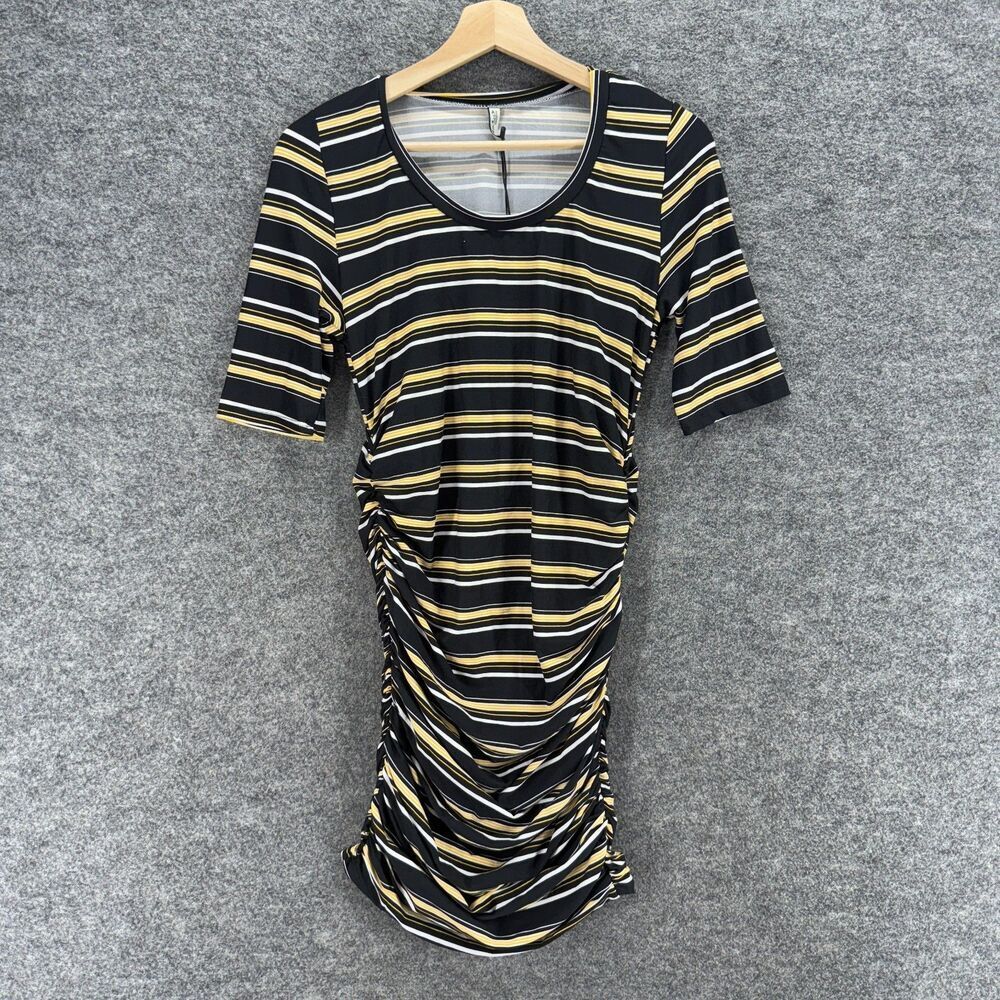 New Mother Bee Dress Women M Maternity Black Striped Sheath Midi Short Sleeve